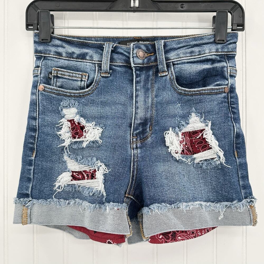 Judy Blue Shorts Womens XS Cuffed Blue Jean Denim Distressed Bandana Print *Flaw